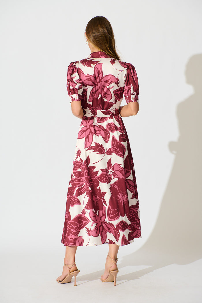 Trinity Maxi Shirt Dress in Red Floral Satin back