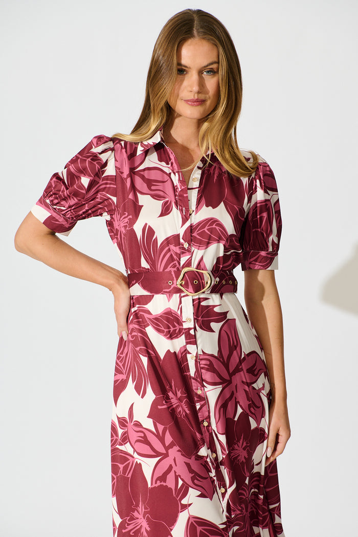 Trinity Maxi Shirt Dress in Red Floral Satin front