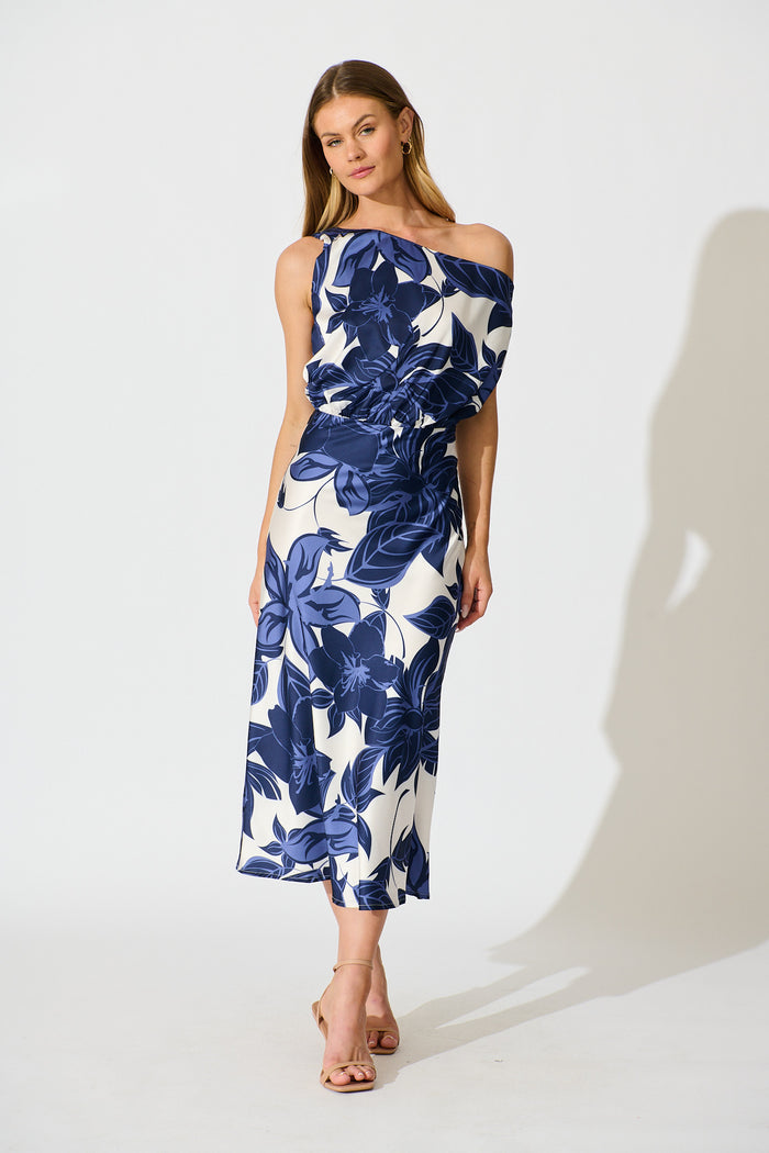 Bloom Aura Off Shoulder Maxi Dress in Navy Floral full length