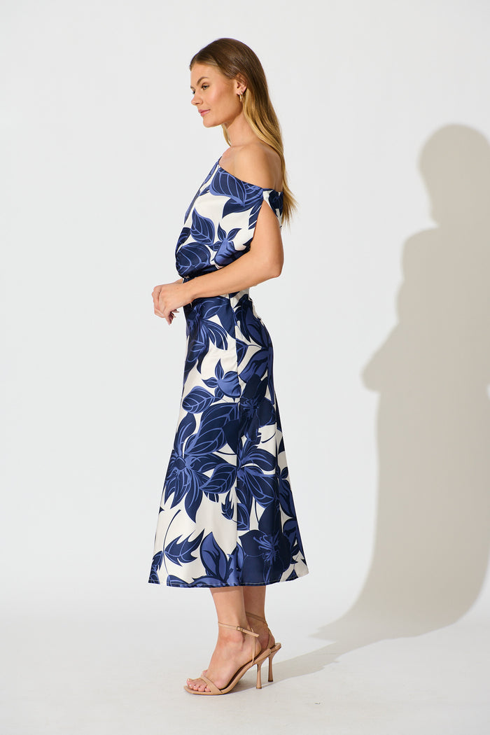 Bloom Aura Off Shoulder Maxi Dress in Navy Floral side