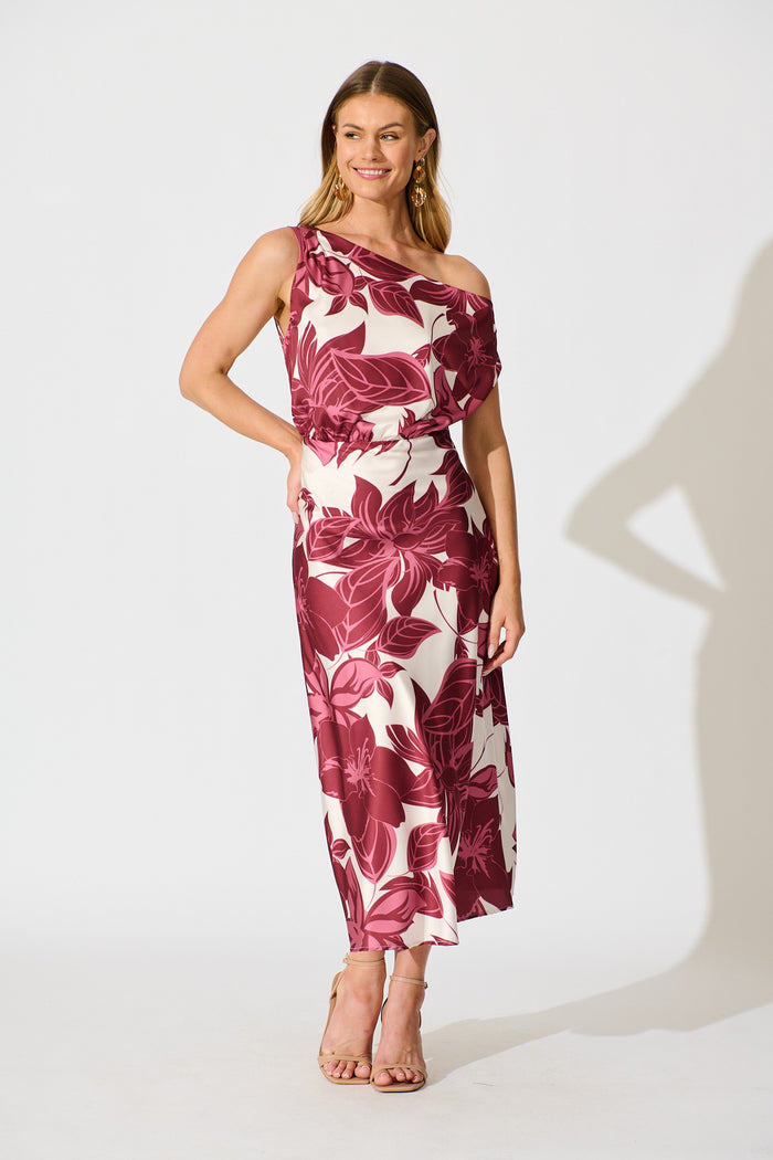 Bloom Aura Off Shoulder Maxi Dress in Red Floral full length