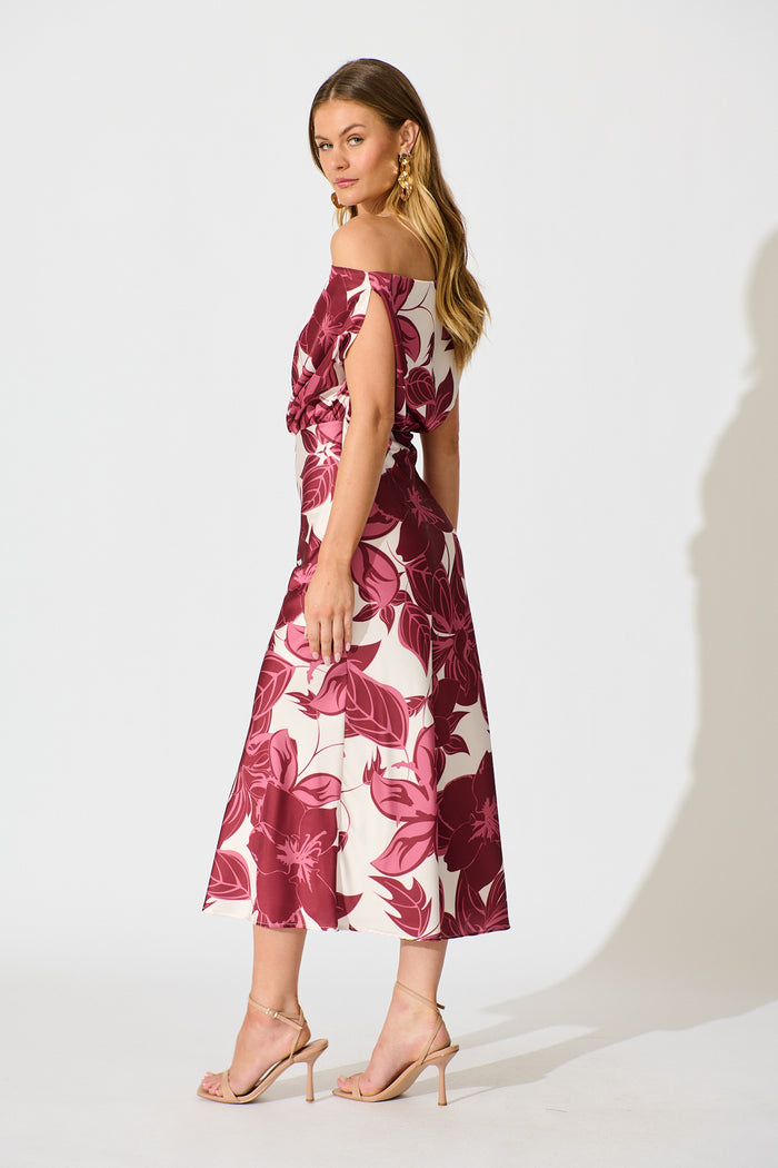 Bloom Aura Off Shoulder Maxi Dress in Red Floral side