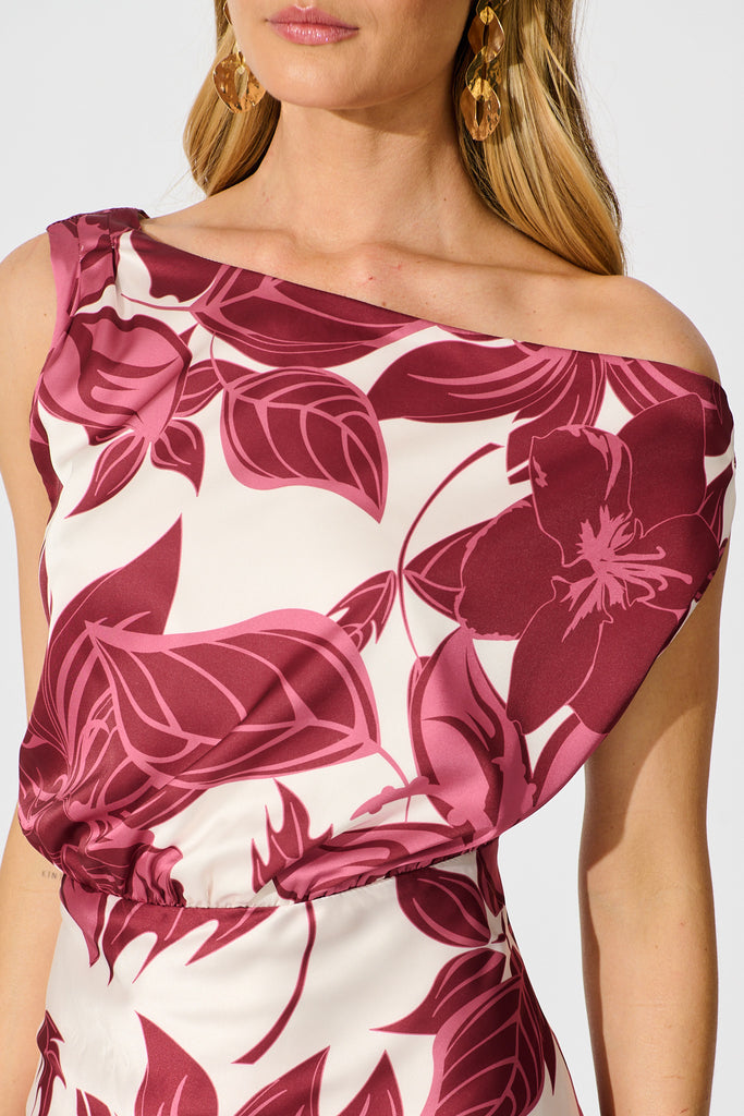 Bloom Aura Off Shoulder Maxi Dress in Red Floral detail