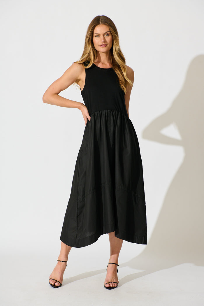 Zoria Maxi Dress in Black Cotton Blend full length