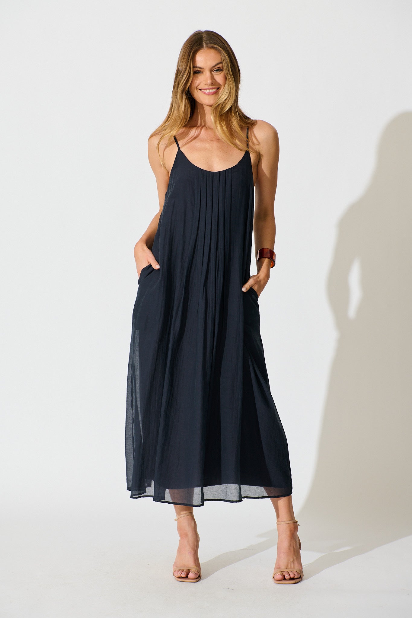 Breeze Maxi Sundress in Pleated Navy Cotton Blend full length
