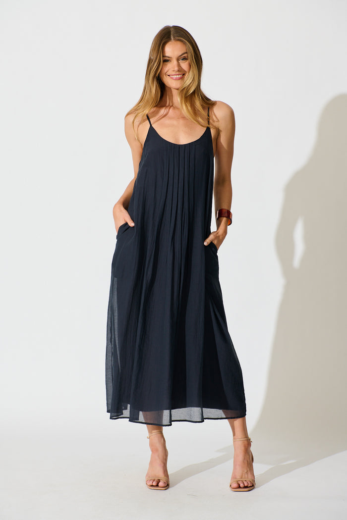 Breeze Maxi Sundress in Pleated Navy Cotton Blend full length