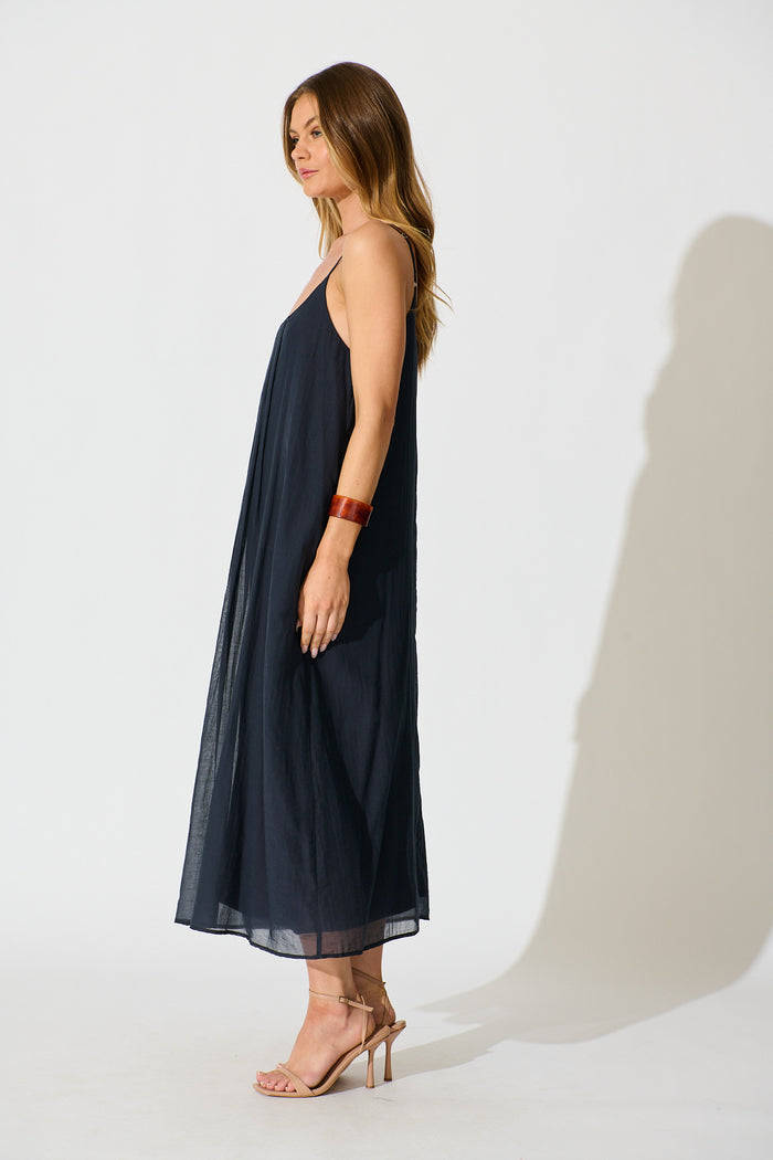 Breeze Maxi Sundress in Pleated Navy Cotton Blend side
