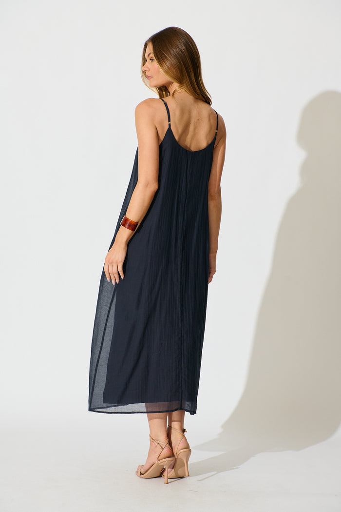 Breeze Maxi Sundress in Pleated Navy Cotton Blend back
