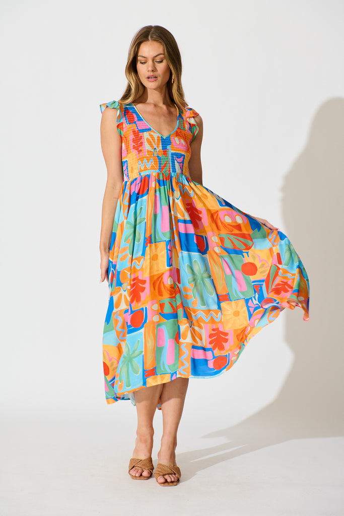 Tropical Mosaic Maxi Dress in Multi Print full length