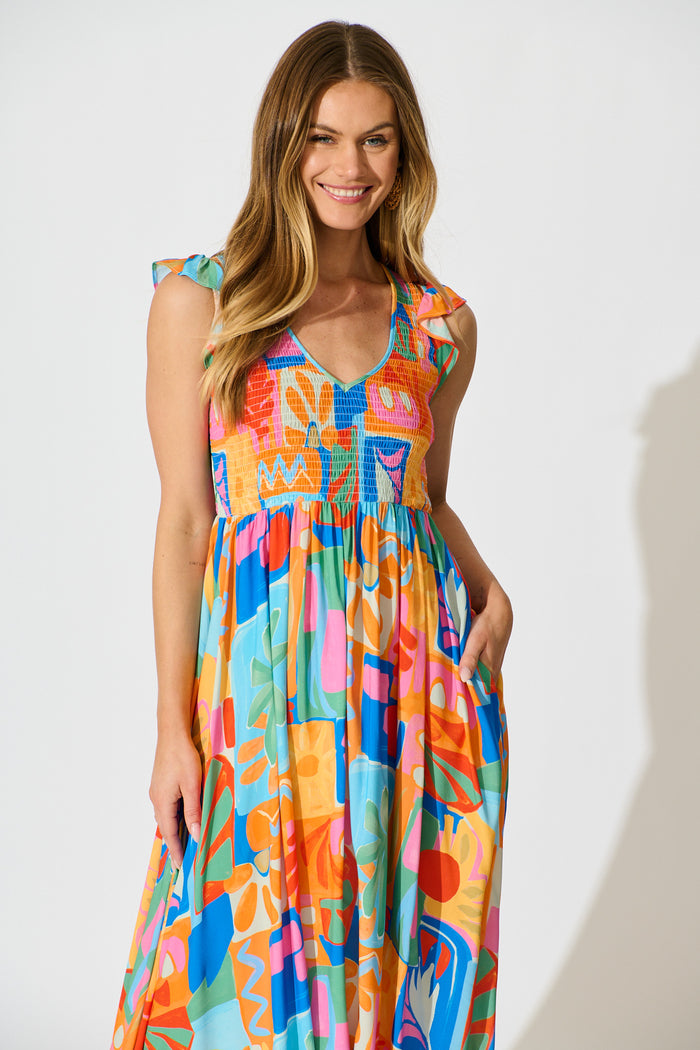 Tropical Mosaic Maxi Dress in Multi Print front