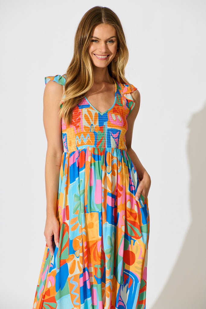 Tropical Mosaic Maxi Dress in Multi Print front