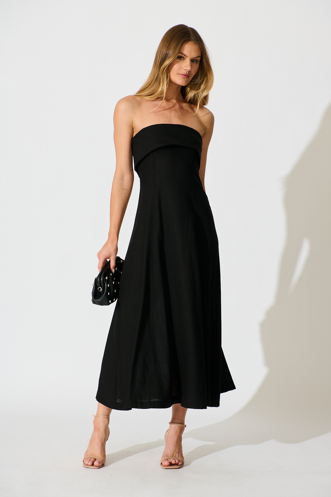 Kerra Maxi Dress in Black Cotton Linen Blend full length