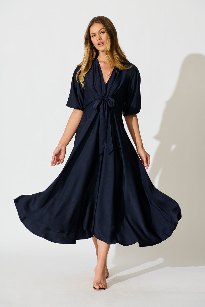 Iris Belle Maxi Dress in Navy Satin full length