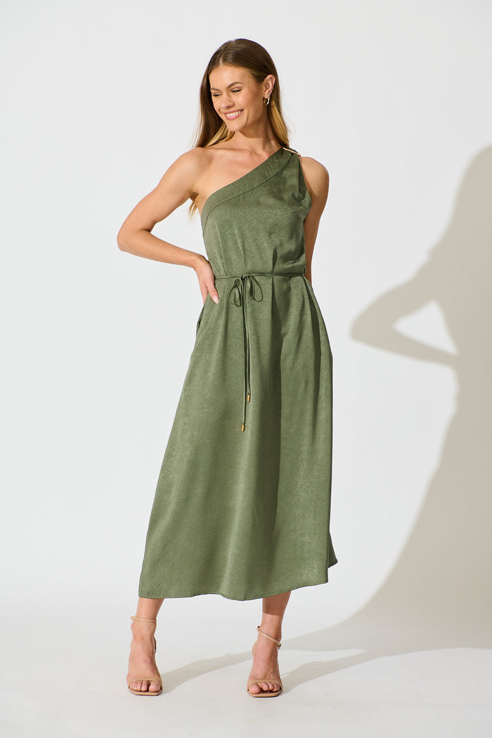 Evanna One Shoulder Maxi Dress in Sage Satin full length