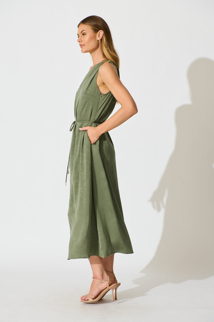 Evanna One Shoulder Maxi Dress in Sage Satin side