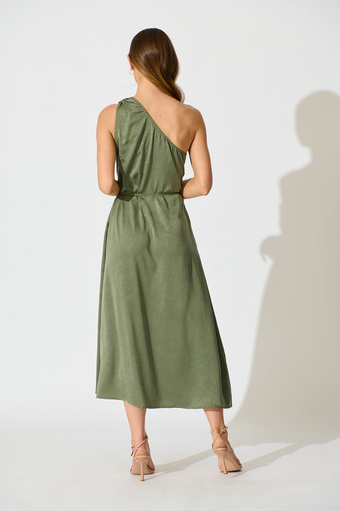 Evanna One Shoulder Maxi Dress in Sage Satin back