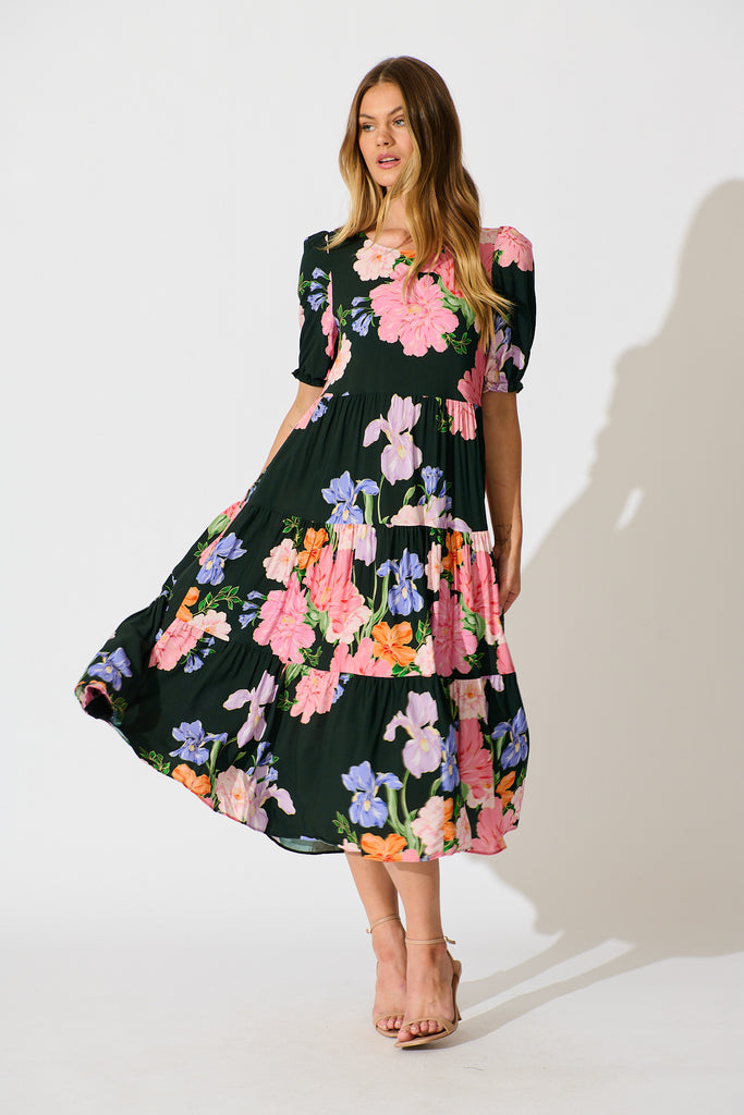 Nevi Tiered Midi Dress in Green Multi Floral full length
