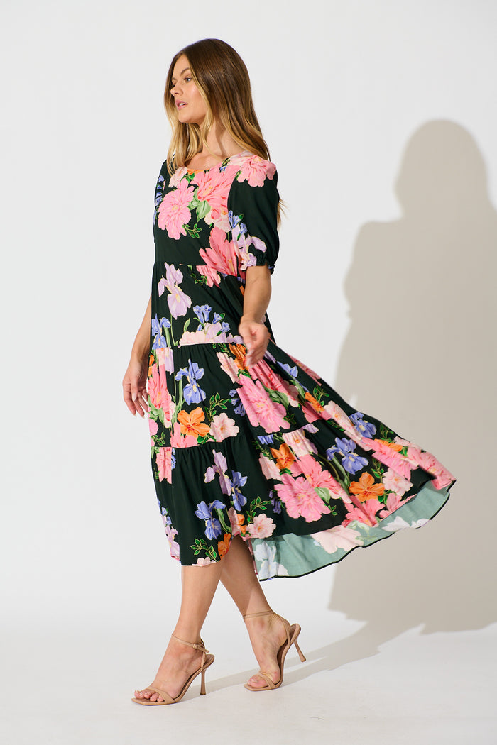 Nevi Tiered Midi Dress in Green Multi Floral side