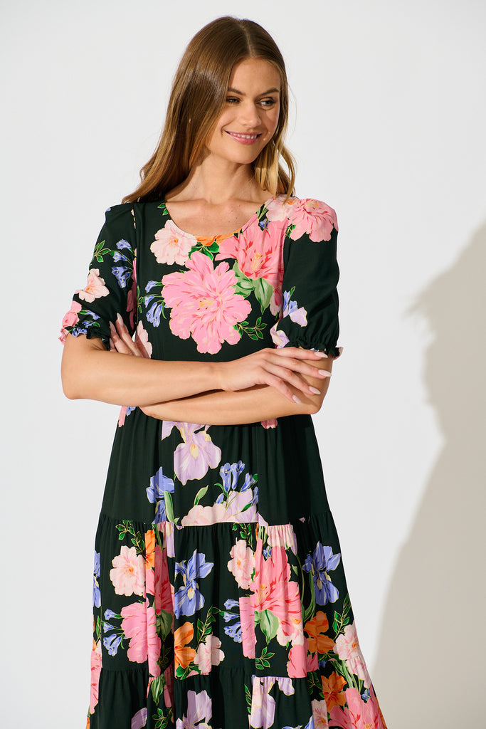 Nevi Tiered Midi Dress in Green Multi Floral front