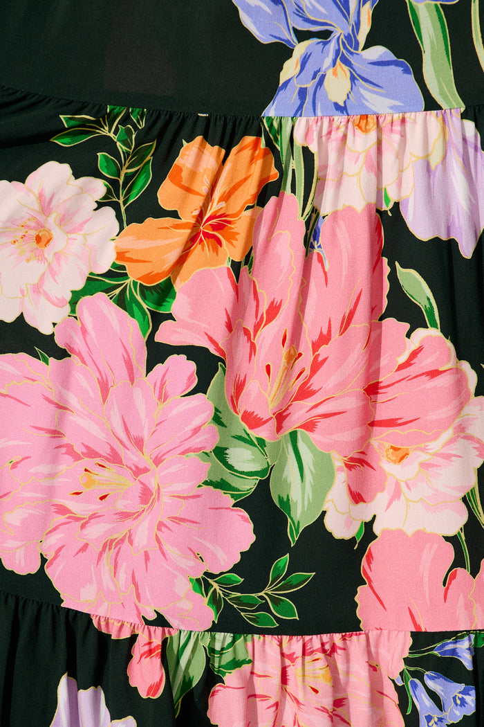 Nevi Tiered Midi Dress in Green Multi Floral fabric