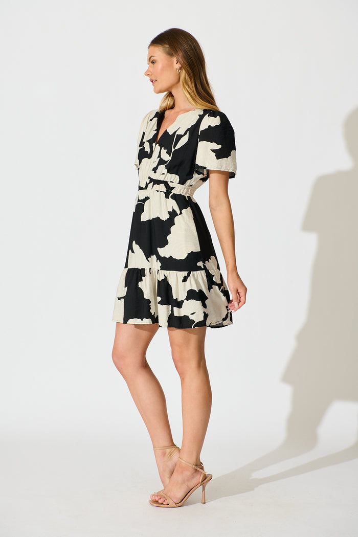 Isra Dress in Black with Cream Print side