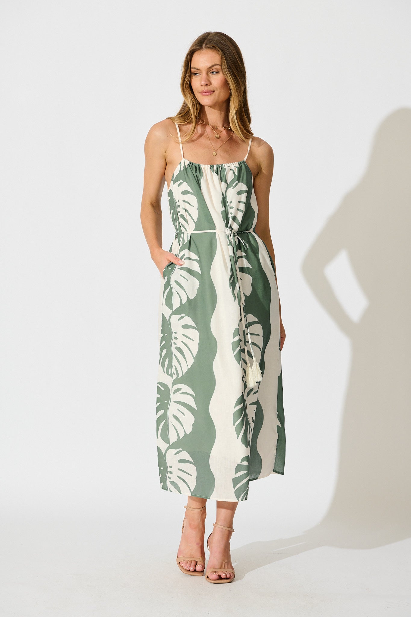 Ettalie Maxi Sundress in Green Palm Print full length