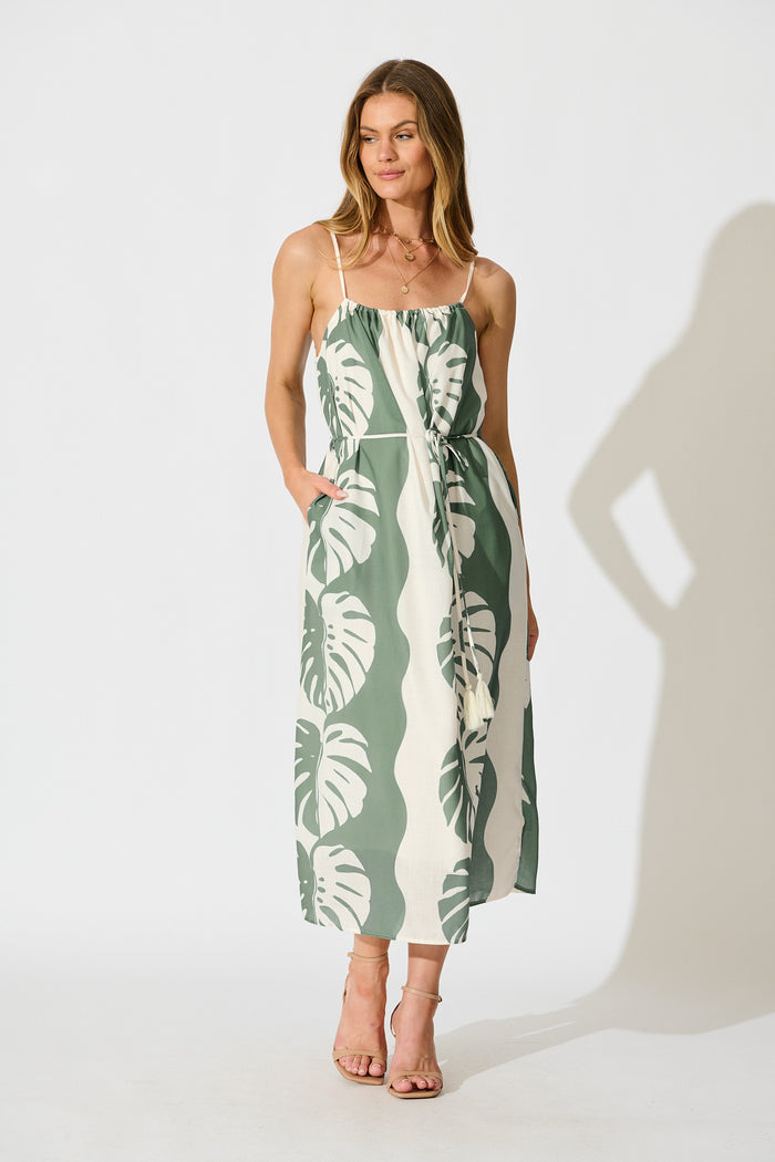 Ettalie Maxi Sundress in Green Palm Print full length
