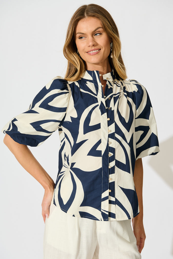 Keylani Shirt in Navy with Cream Leaf Print Cotton front