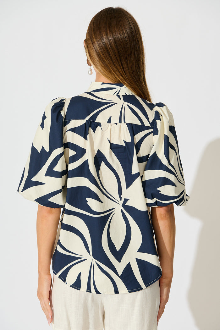 Keylani Shirt in Navy with Cream Leaf Print Cotton back