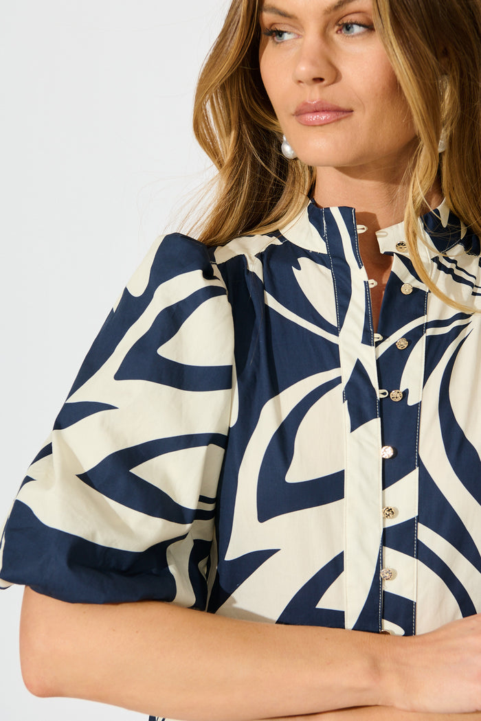 Keylani Shirt in Navy with Cream Leaf Print Cotton detail