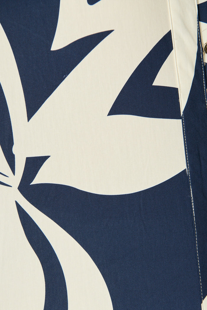Keylani Shirt in Navy with Cream Leaf Print Cotton fabric