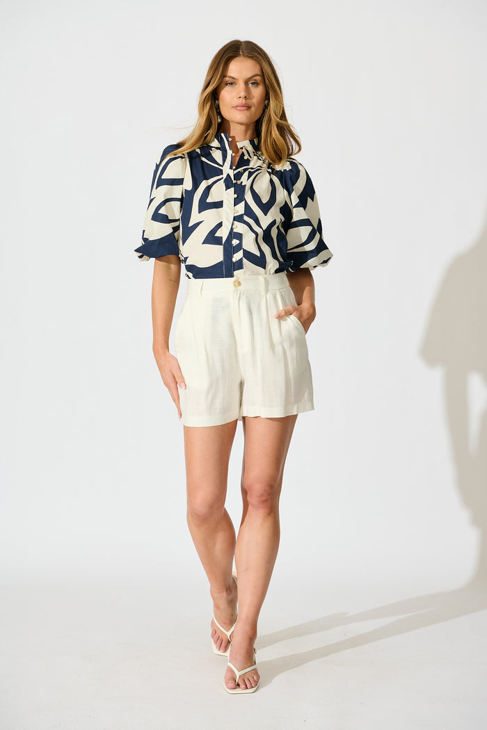 Keylani Shirt in Navy with Cream Leaf Print Cotton full length