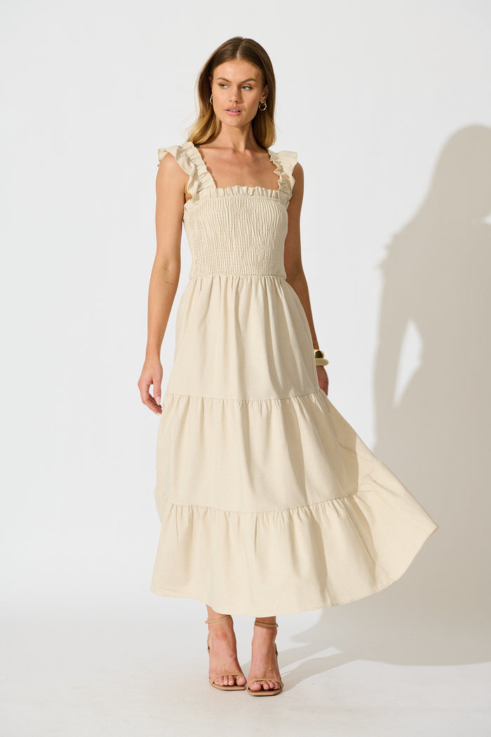 Ailsa Maxi Dress in Oatmeal Cotton Linen Blend full length