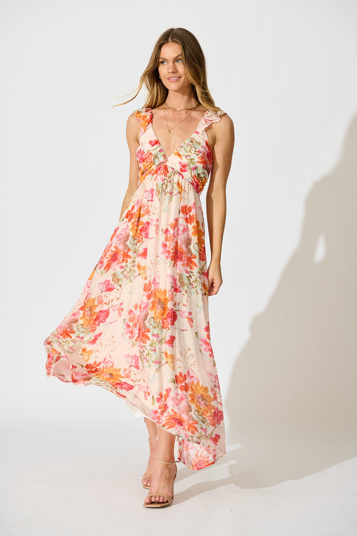 Apryl Maxi Dress in Blush with Tangerine Floral full length
