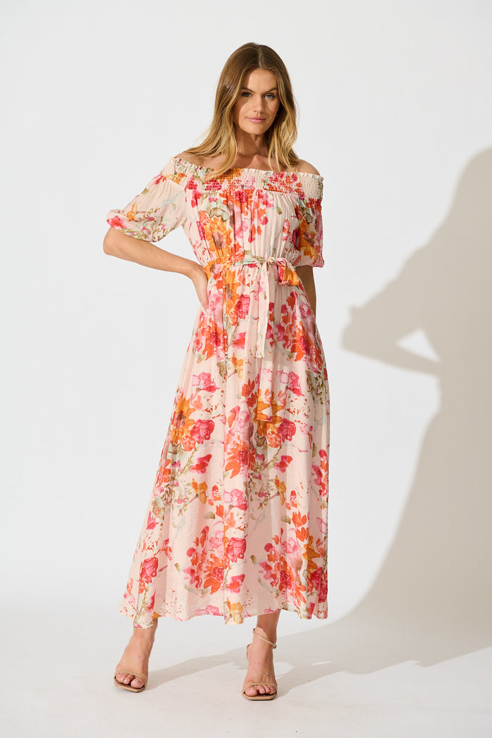 Fotini Off the Shoulder Dress in Blush with Tangerine Floral full length