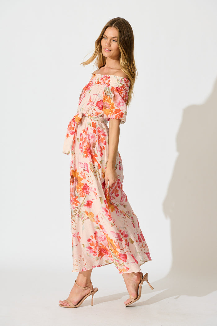 Fotini Off the Shoulder Dress in Blush with Tangerine Floral side