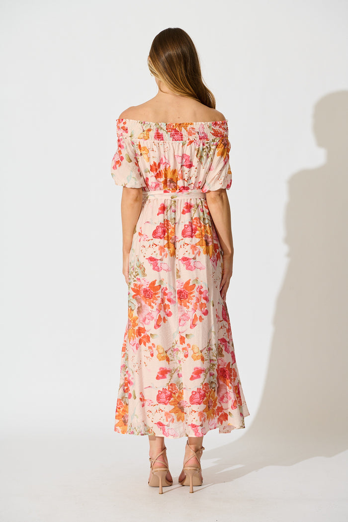 Fotini Off the Shoulder Dress in Blush with Tangerine Floral back