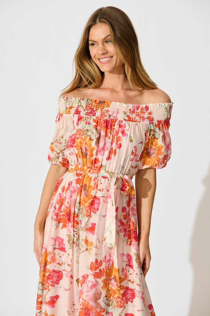 Fotini Off the Shoulder Dress in Blush with Tangerine Floral front