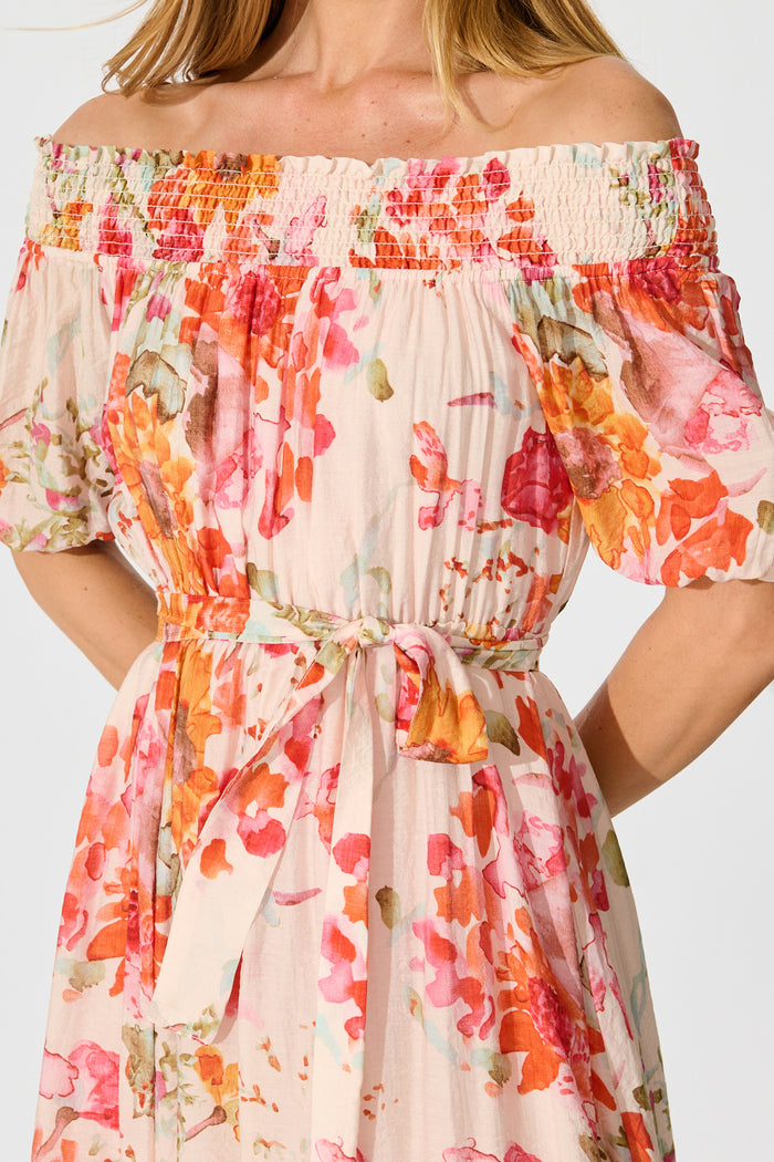 Fotini Off the Shoulder Dress in Blush with Tangerine Floral detail