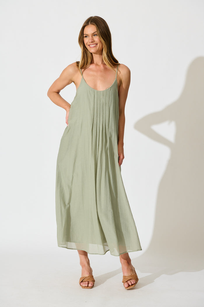 Breeze Maxi Sundress in Pleated Sage Cotton Blend full length