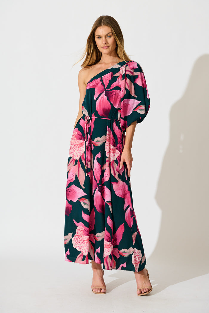 Petal Rhapsody Maxi Dress in Emerald with Pink Floral full length