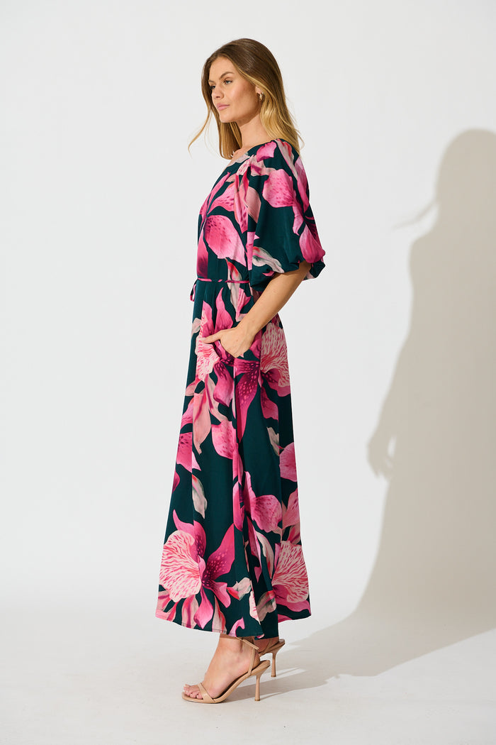 Petal Rhapsody Maxi Dress in Emerald with Pink Floral side