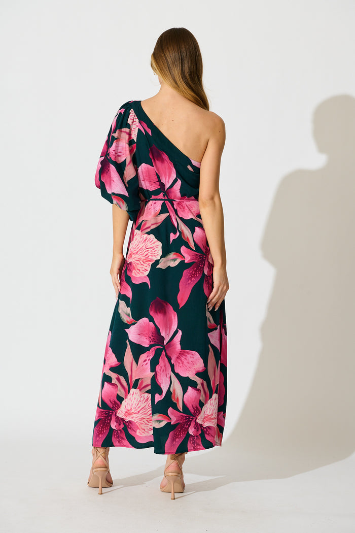 Petal Rhapsody Maxi Dress in Emerald with Pink Floral back