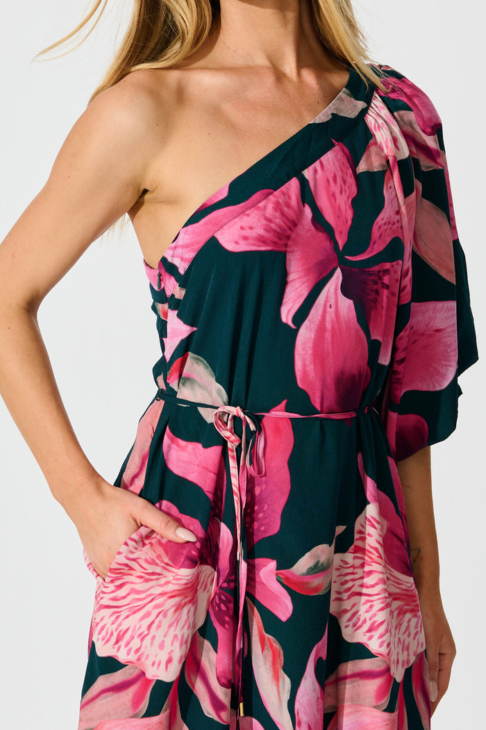 Petal Rhapsody Maxi Dress in Emerald with Pink Floral detail