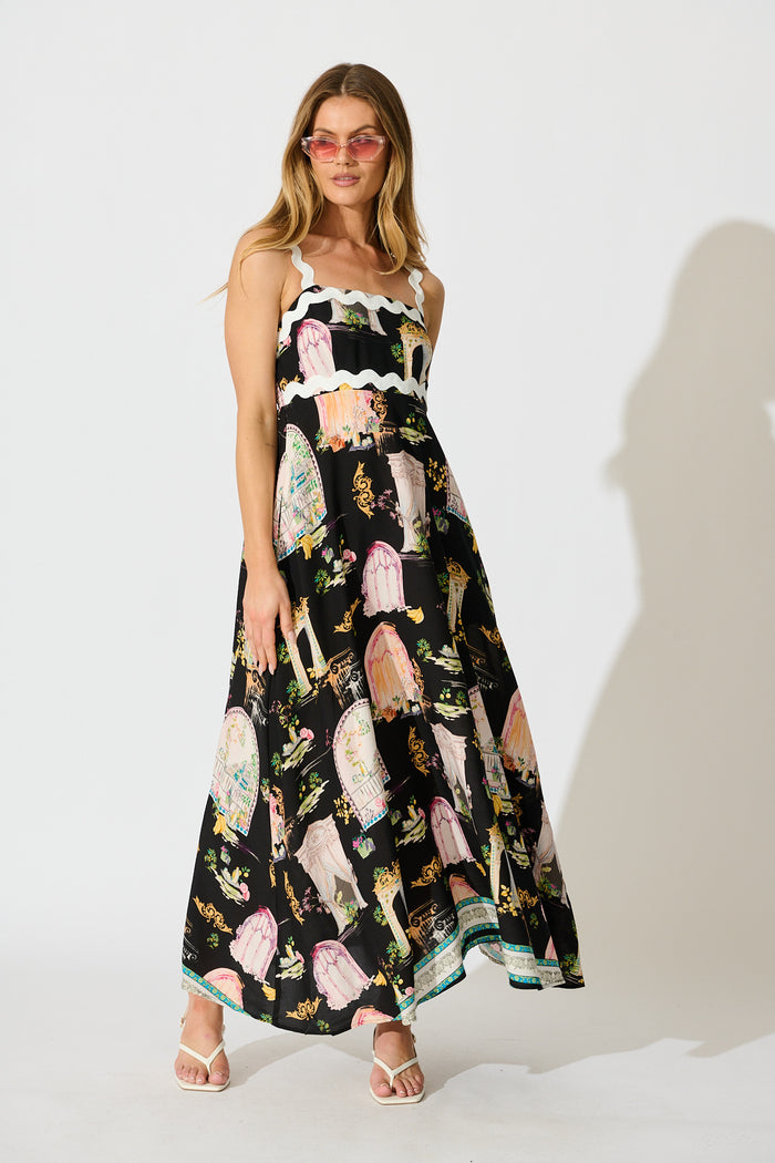 Maci Maxi Sundress in Black Multi Print full length