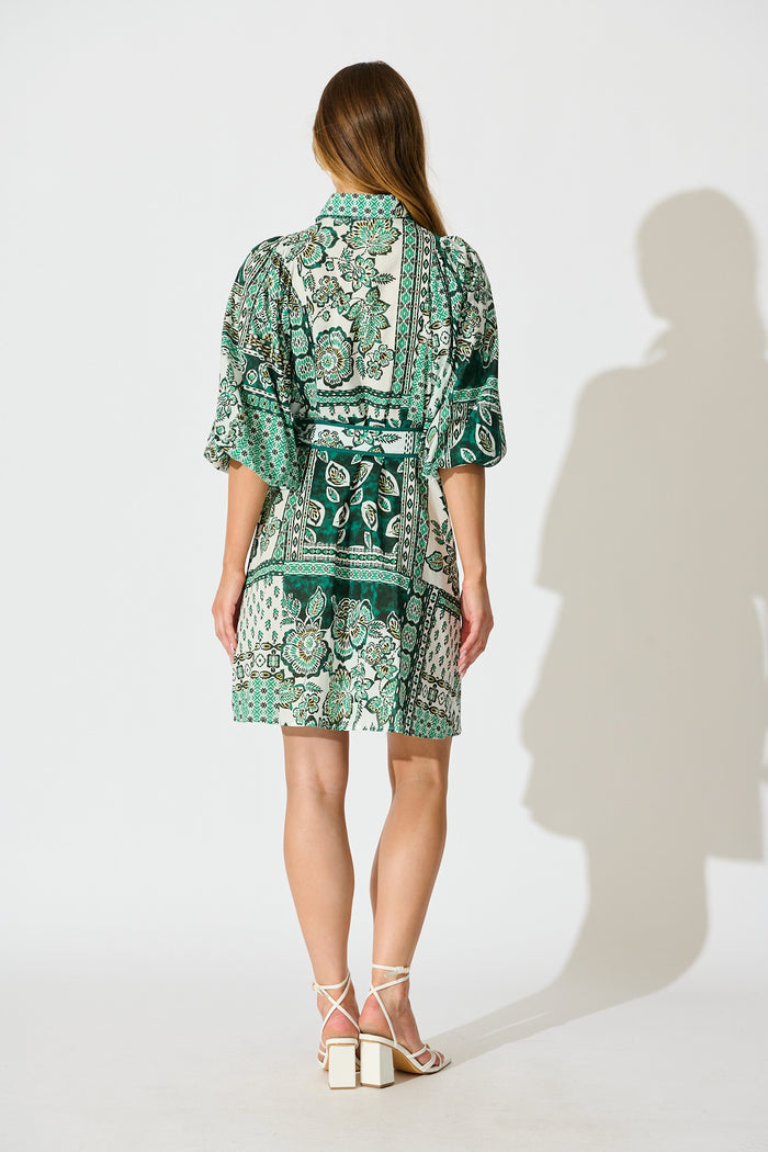 Lovis Shirt Dress in Green with White Patchwork Cotton back