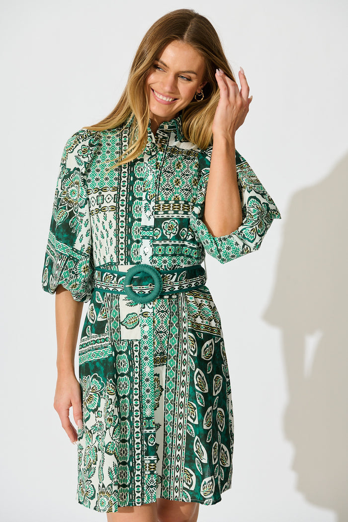 Lovis Shirt Dress in Green with White Patchwork Cotton front