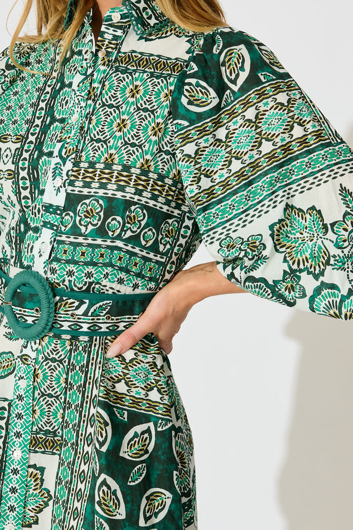 Lovis Shirt Dress in Green with White Patchwork Cotton detail