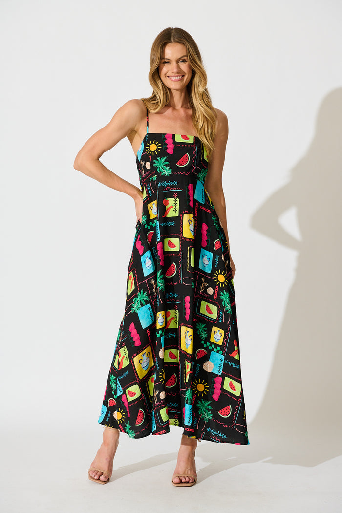 Moa Maxi Sundress in Black Multi Patchwork Linen Blend full length