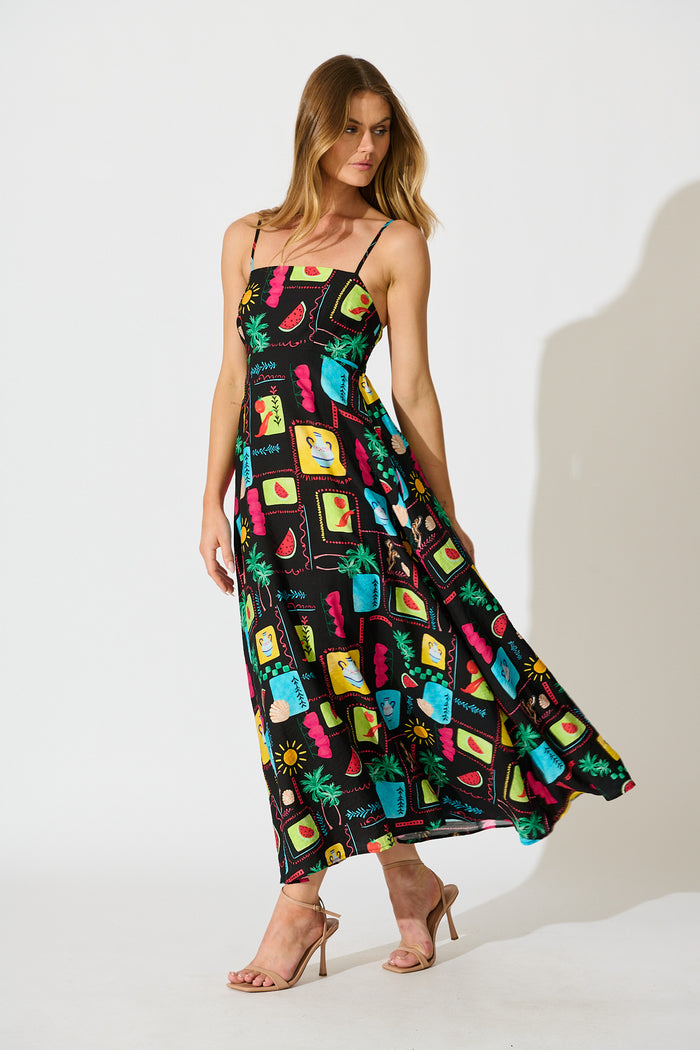 Moa Maxi Sundress in Black Multi Patchwork Linen Blend side